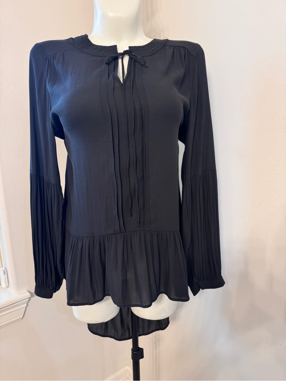 Black Long-Sleeve Peplum Tie-Neck Top